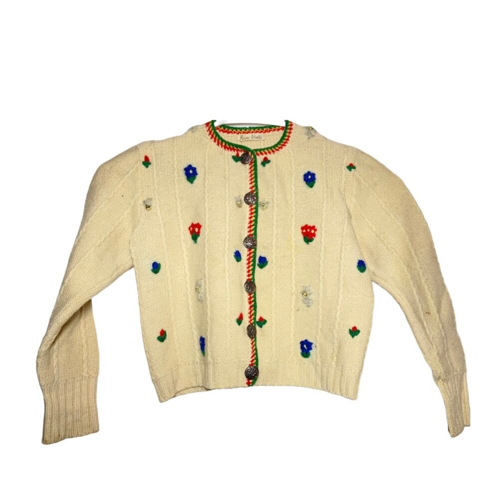 Reine Wolle Wool Cardigan Cable Knit Sweater Cream Cottagecore Floral Bouquet 4
